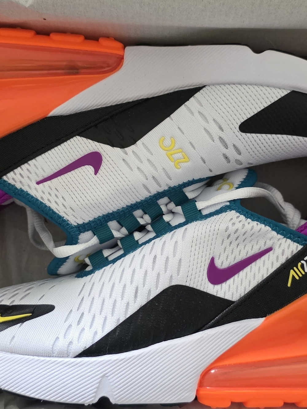 Size 6.5 Nike Kids Or 8 Women's Air Max 270 White with Orange & Purple Accents